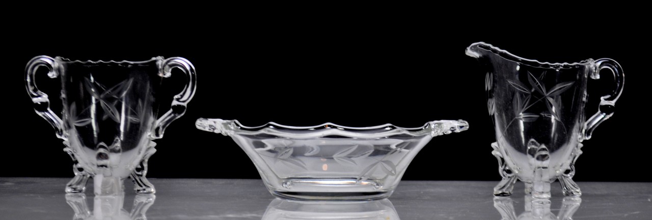 Lot 3pc New Martinsville Viking Etched Leaf Creamer Sugar Split Bowl Glass #42