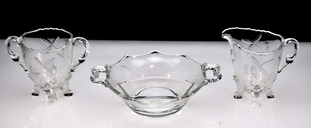 Lot 3pc New Martinsville Viking Etched Leaf Creamer Sugar Split Bowl Glass #42 - Image 5