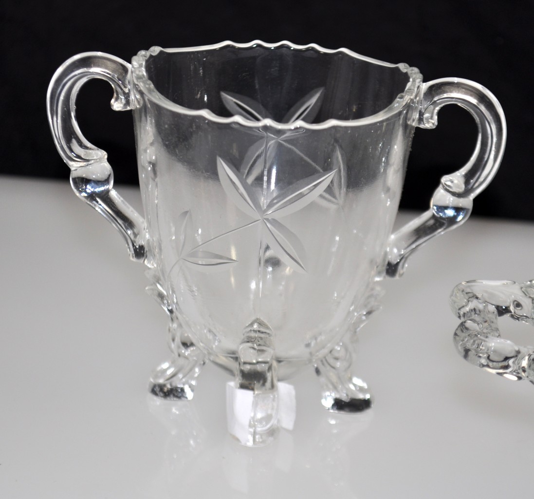Lot 3pc New Martinsville Viking Etched Leaf Creamer Sugar Split Bowl Glass #42 - Image 7