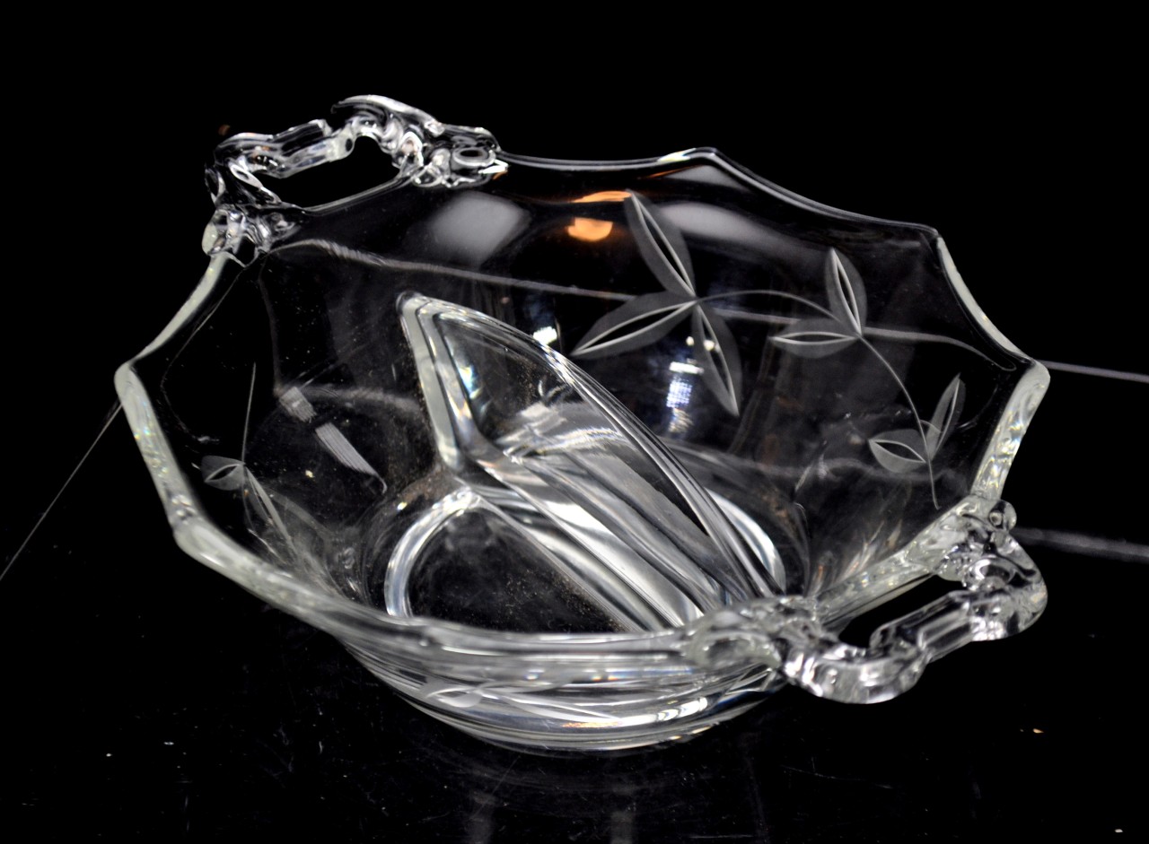 Lot 3pc New Martinsville Viking Etched Leaf Creamer Sugar Split Bowl Glass #42 - Image 2