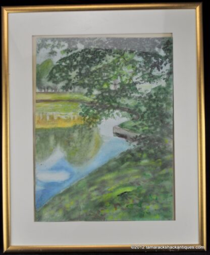 Russian Watercolor on Paper Large Green Tree by Blue Small Pond Framed 16 x 21