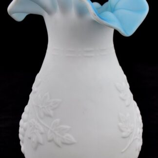 Kanawha White & Blue Cased Glass Vase Grapes Pattern 6.5" Crimped Satin Vintage