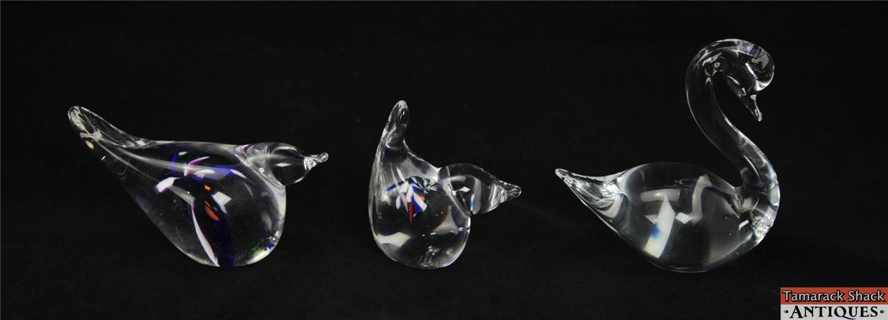 Lot of 3 Bird Art Glass Paperweights Clear Swan Two Burst of Color Blue Purple - Image 2