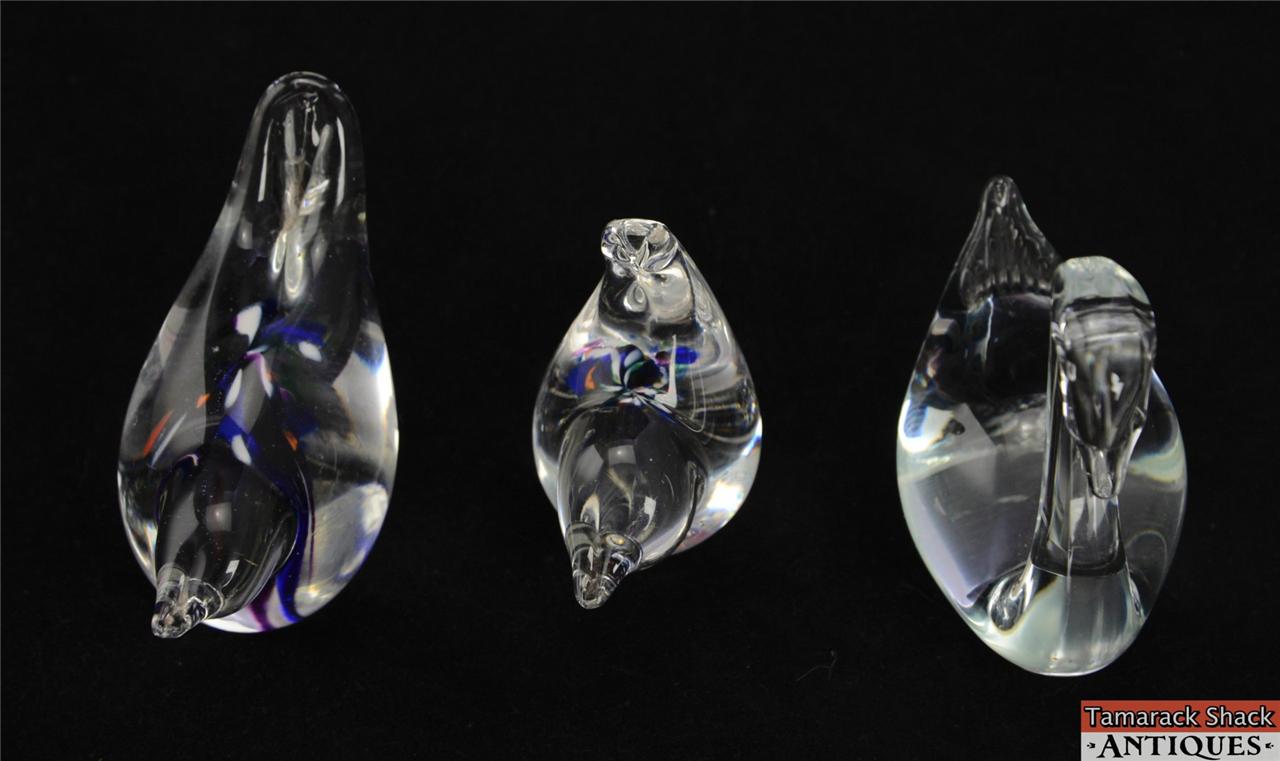 Lot of 3 Bird Art Glass Paperweights Clear Swan Two Burst of Color Blue Purple - Image 5