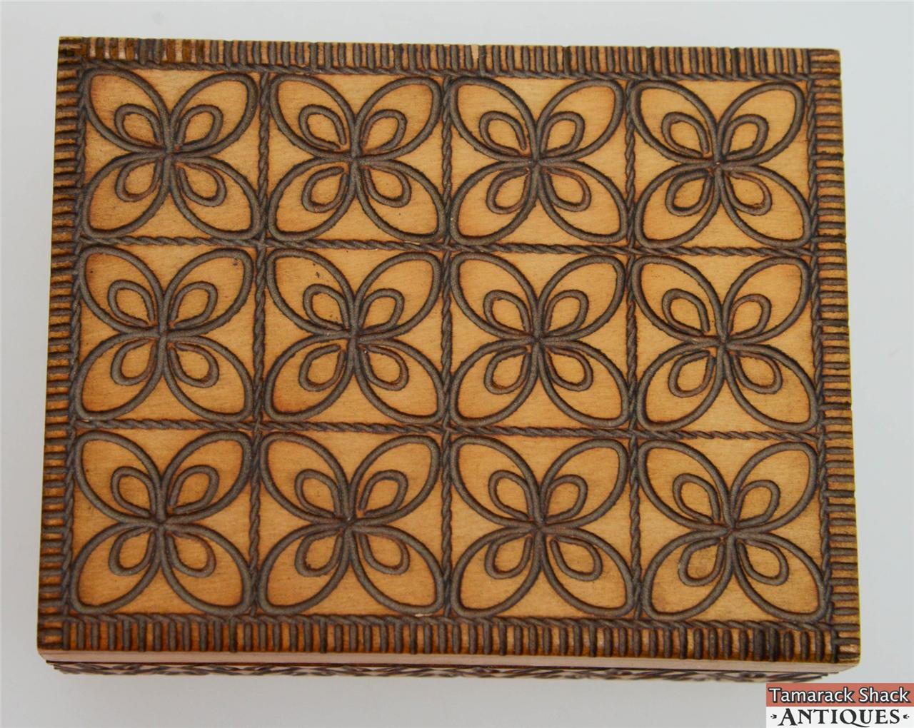 Vintage Polish Flemish Art Pyrography Four Petal Flower Trinket Box Well Made - Image 7