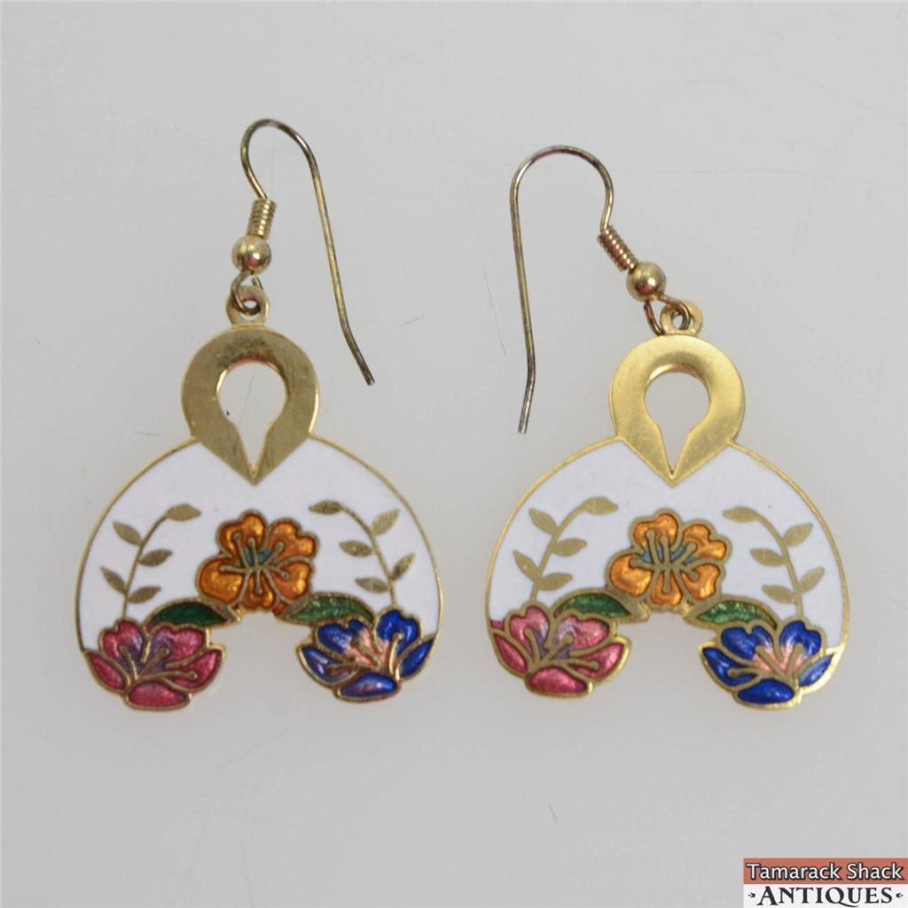 Vtg Cloisonne' Fish Hook Fashion Enameled Multicolored Flower Dangle Earrings