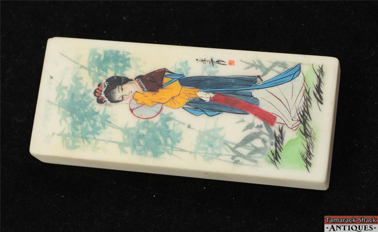 Hand Painted Stone Marble Chinese Rectangular Paperweight Girl w/Fan Signed 9419 - Image 2