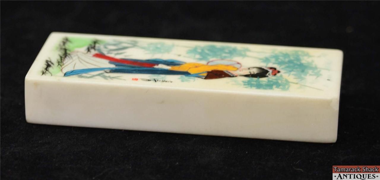 Hand Painted Stone Marble Chinese Rectangular Paperweight Girl w/Fan Signed 9419 - Image 3