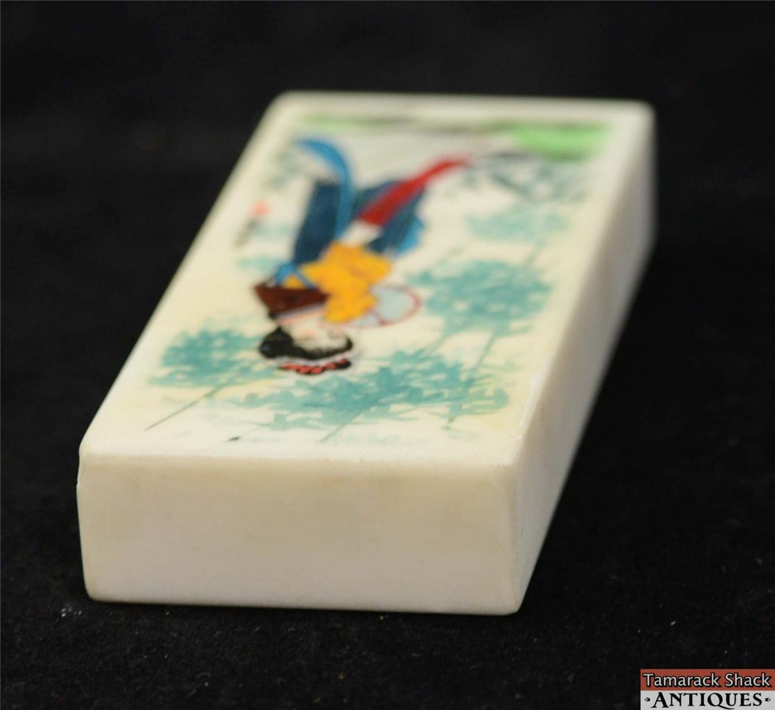 Hand Painted Stone Marble Chinese Rectangular Paperweight Girl w/Fan Signed 9419 - Image 4