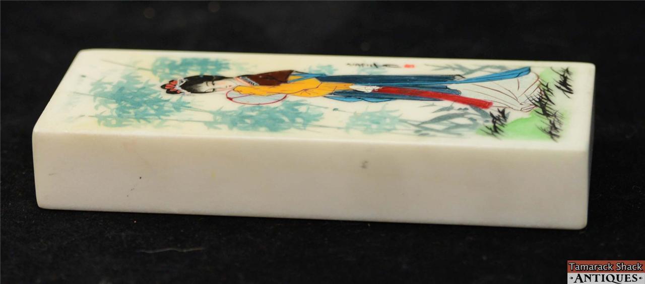 Hand Painted Stone Marble Chinese Rectangular Paperweight Girl w/Fan Signed 9419 - Image 5