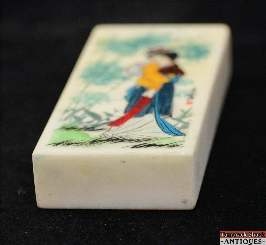 Hand Painted Stone Marble Chinese Rectangular Paperweight Girl w/Fan Signed 9419 - Image 6