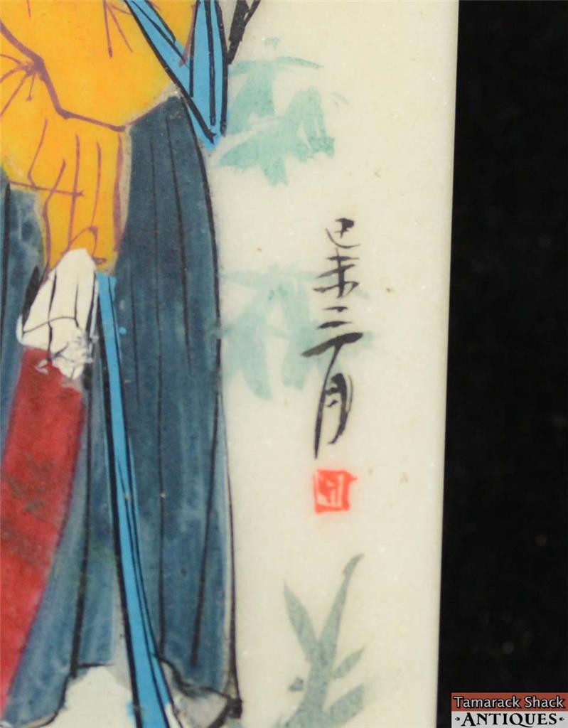 Hand Painted Stone Marble Chinese Rectangular Paperweight Girl w/Fan Signed 9419 - Image 7