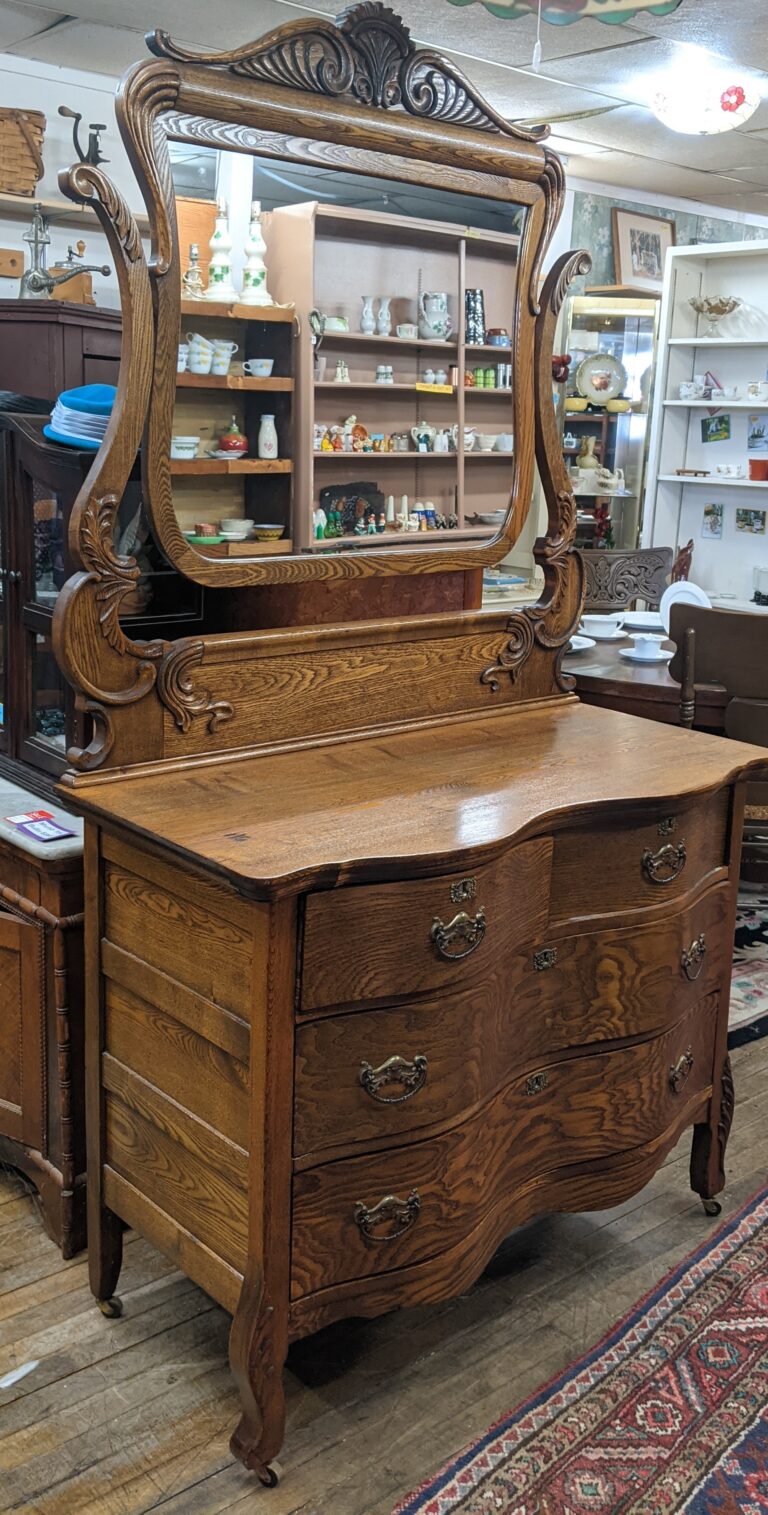 Antique Oak Serpentine Front Dresser with Swivel Mirror Dovetail