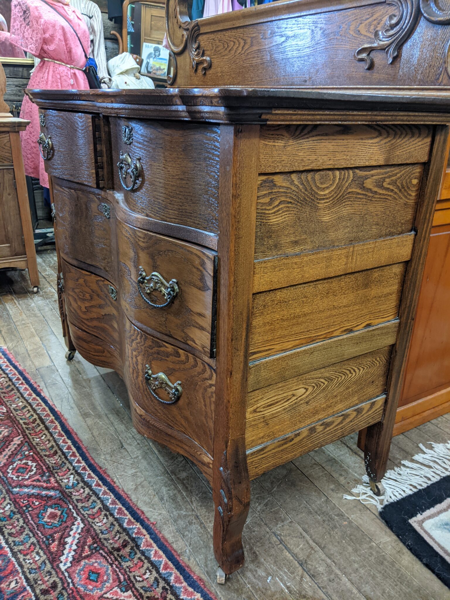 Antique Oak Serpentine Front Dresser with Swivel Mirror Dovetail