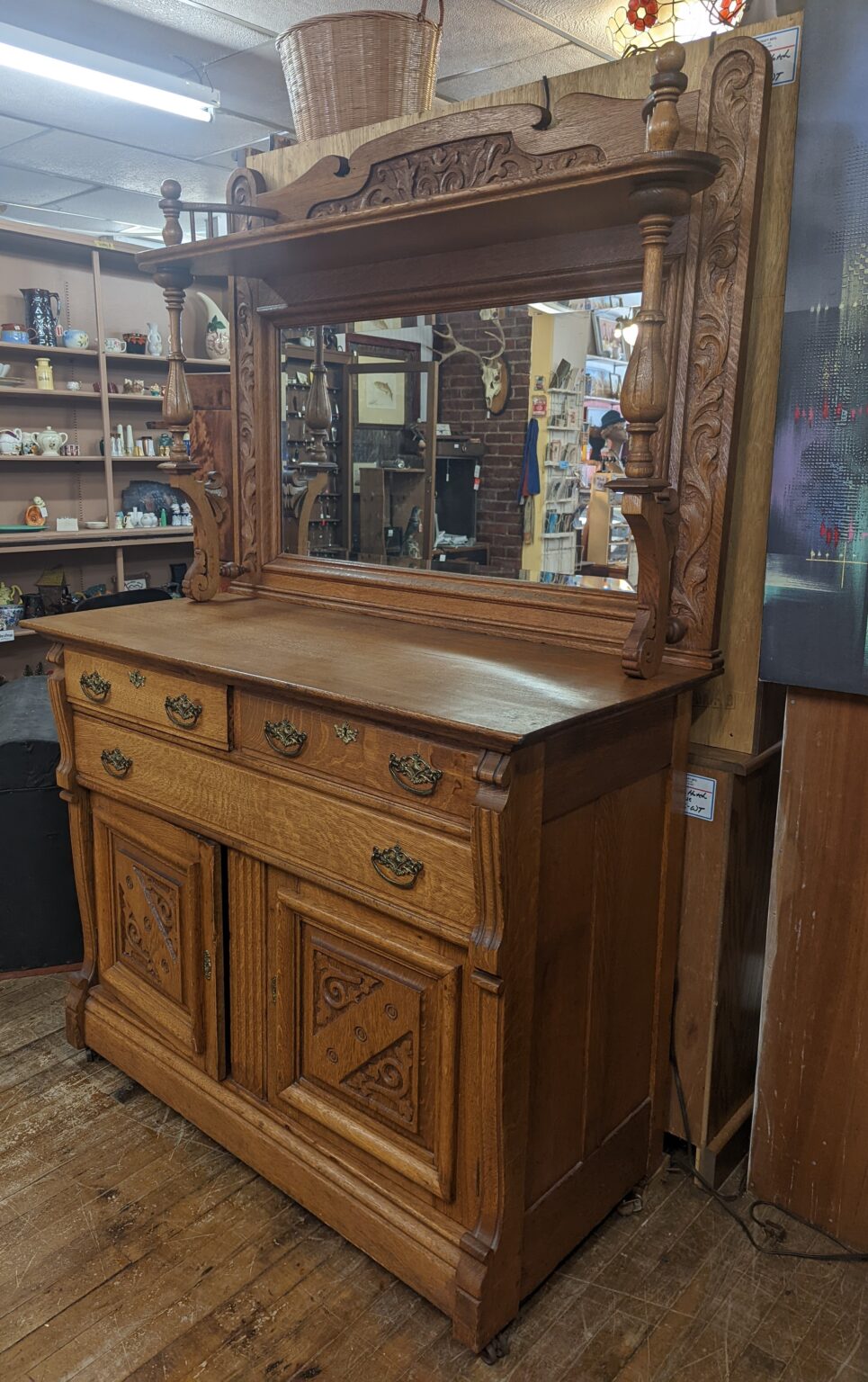 Antique Oak Buffet with Mirror Original Beveled Knapp Joint Key Hand Carved Victorian