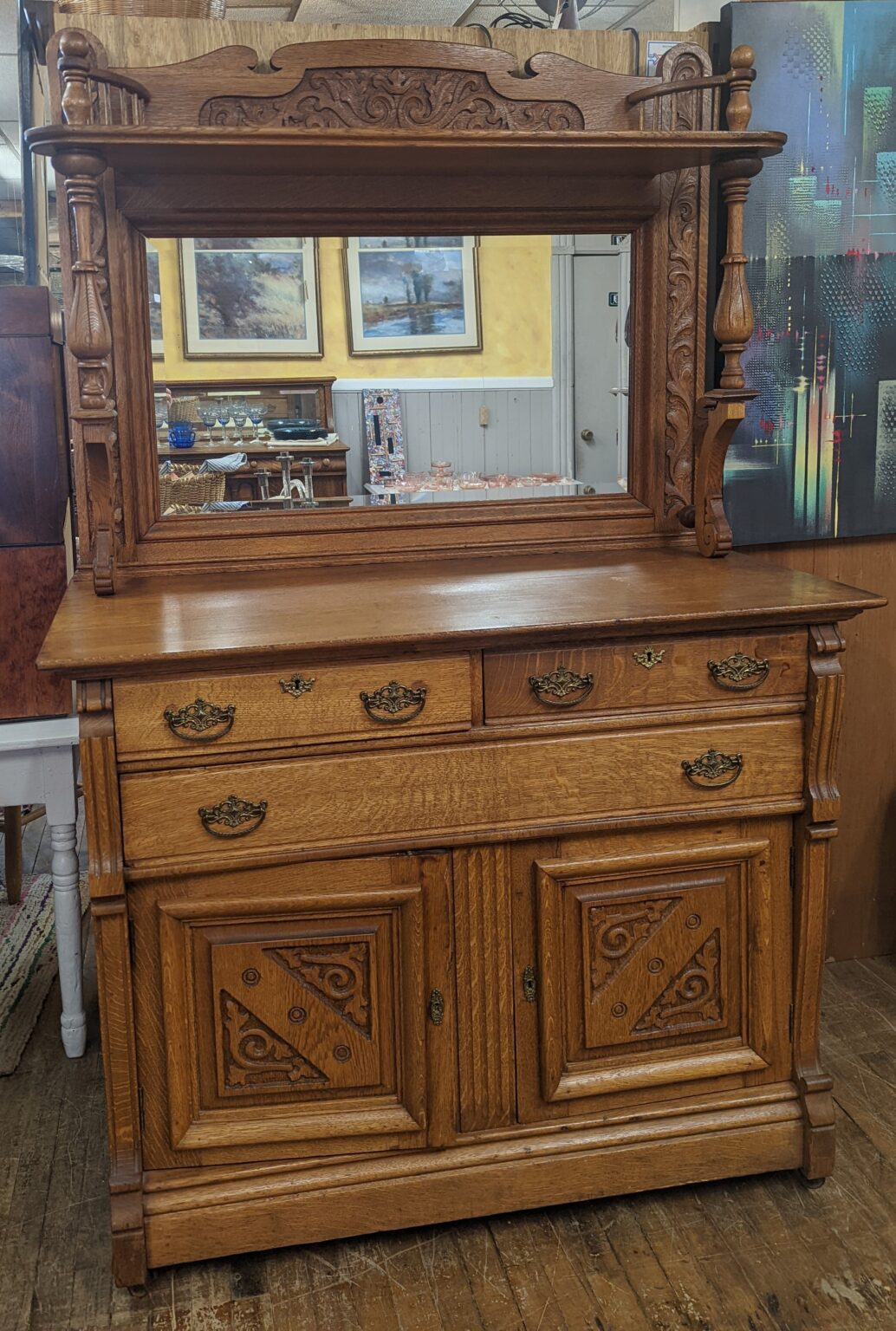 Antique Oak Buffet with Mirror Original Beveled Knapp Joint Key Hand Carved Victorian