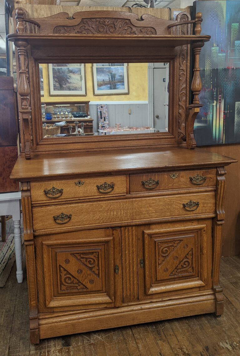 Antique Oak Buffet with Mirror Original Beveled Knapp Joint Key