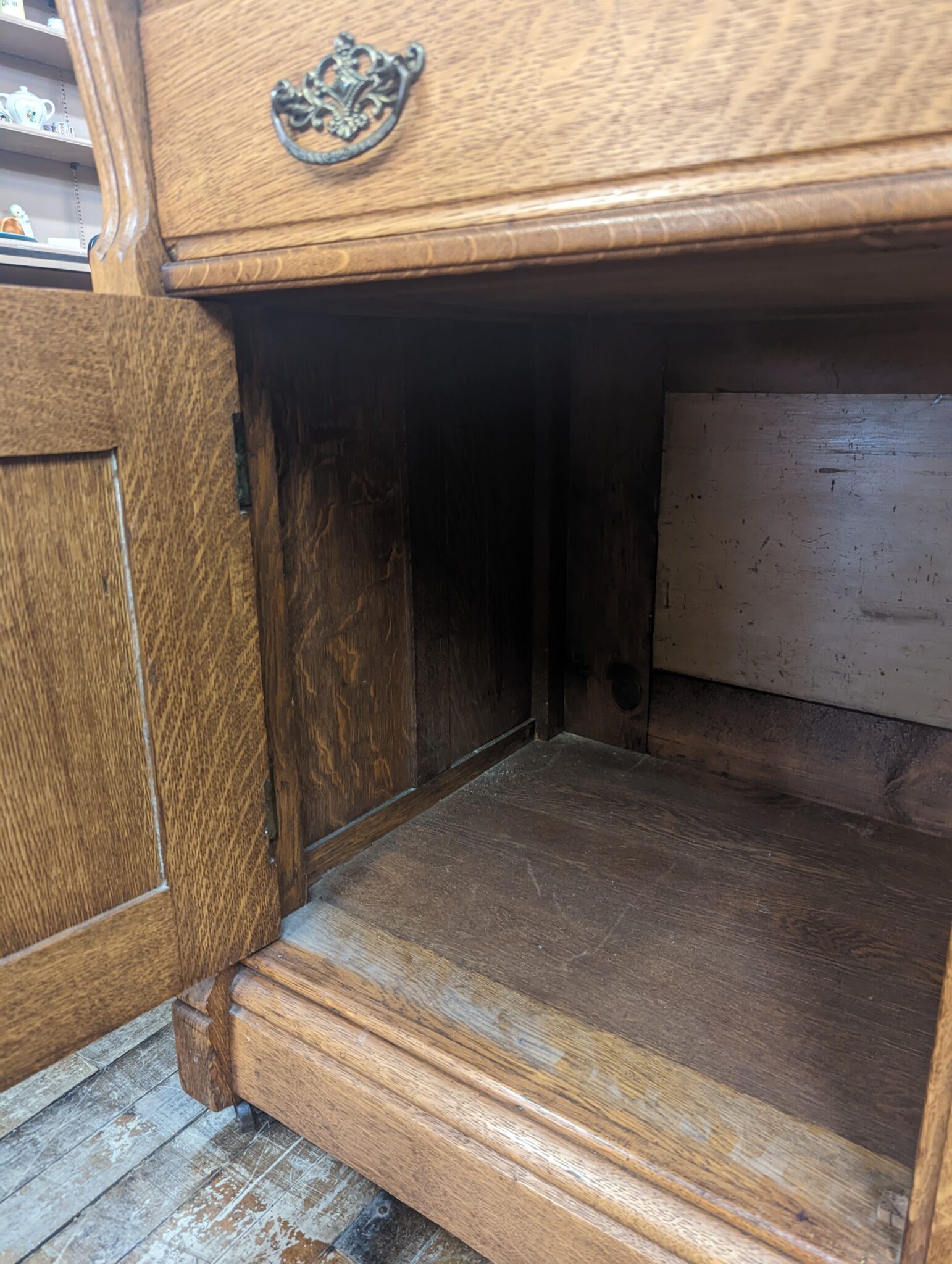 Antique Oak Buffet with Mirror Original Beveled Knapp Joint Key Hand Carved Victorian
