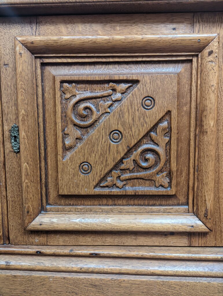 Antique Oak Buffet with Mirror Original Beveled Knapp Joint Key Hand Carved Victorian