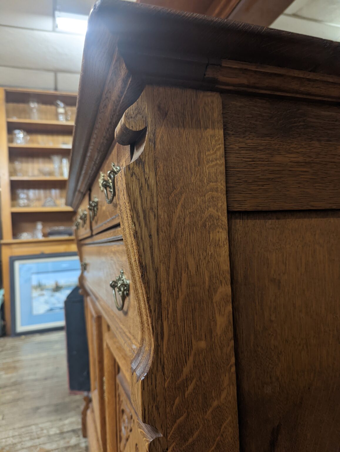 Antique Oak Buffet with Mirror Original Beveled Knapp Joint Key Hand Carved Victorian