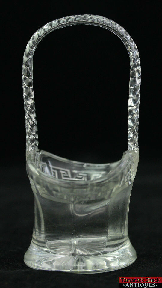 Antique EAPG Greek Key Mini Clear Crystal Glass Applied Handle Brides Basket - Image 3