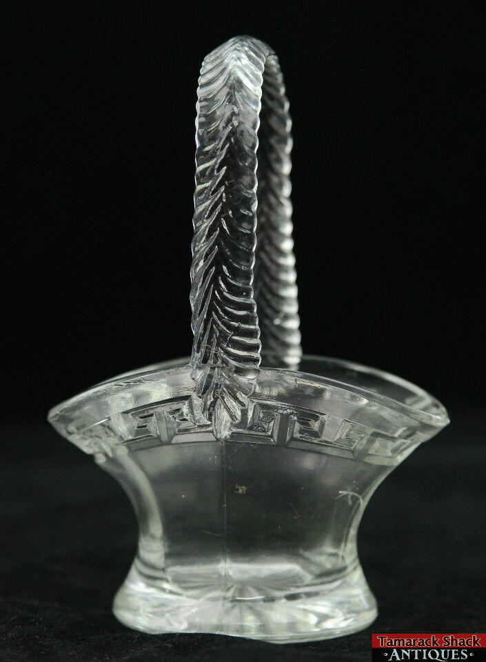 Antique EAPG Greek Key Mini Clear Crystal Glass Applied Handle Brides Basket - Image 7