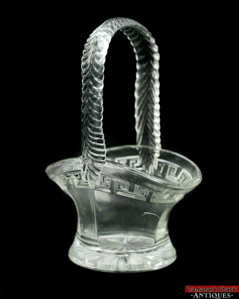 Antique EAPG Greek Key Mini Clear Crystal Glass Applied Handle Brides Basket
