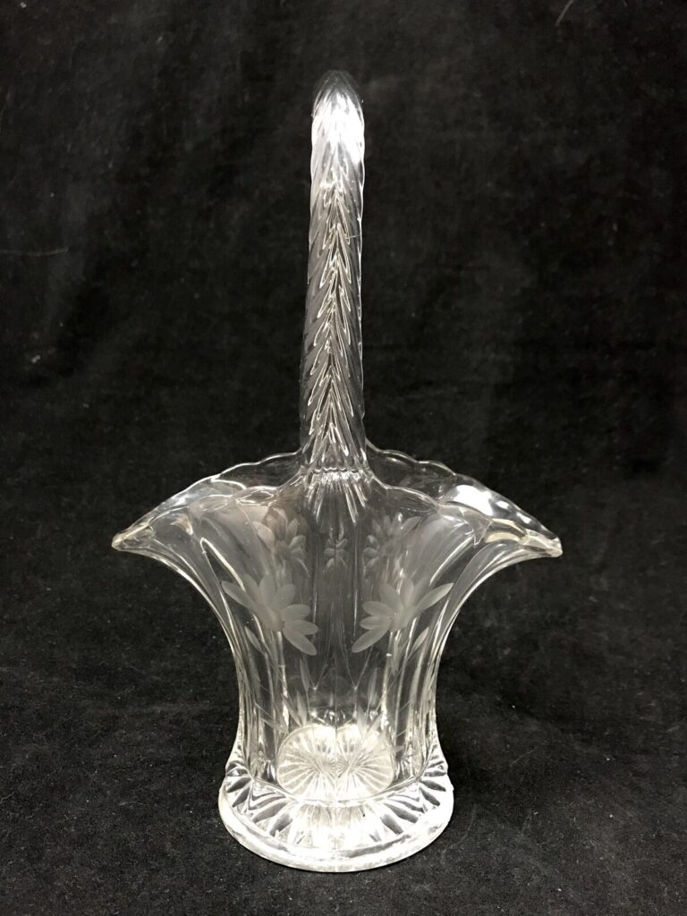Beautiful Vintage Tiffin Etched Floral Motif Clear Glass Handled Basket