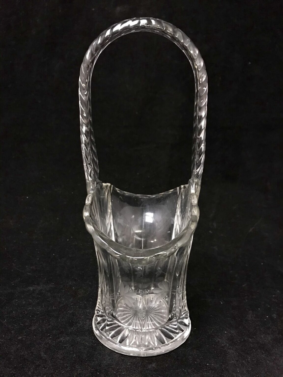 Beautiful Vintage Tiffin Etched Floral Motif Clear Glass Handled Basket