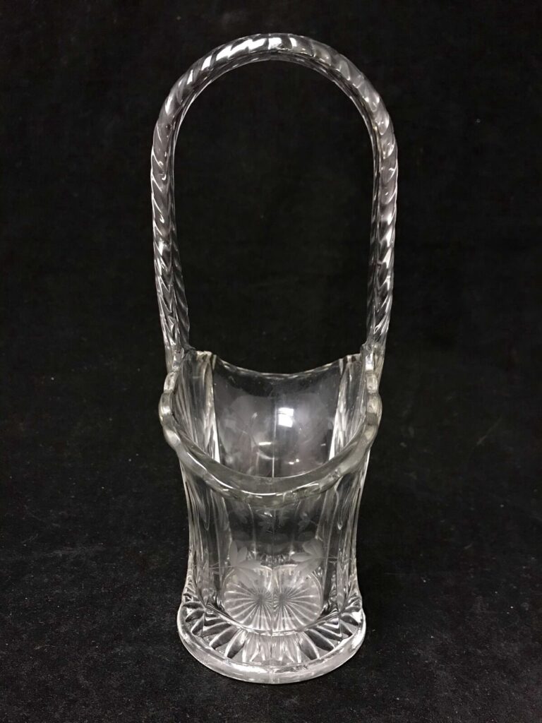 Beautiful Vintage Tiffin Etched Floral Motif Clear Glass Handled Basket