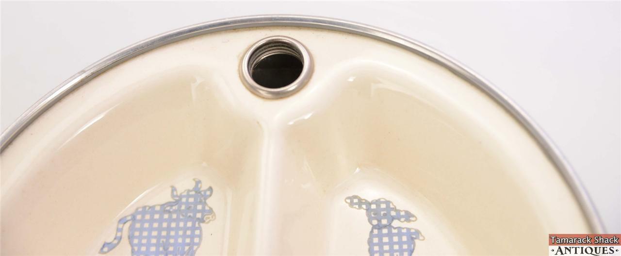 Boy Blue Handled Excello Metal Baby/Childs Warming Dish w/Stopper Cow Lamb - Image 9