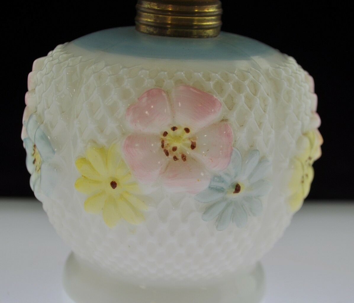 EAPG Cosmos Small Oil Lamp Base 3 Flower Design Blue Pink Yellow Glass Burner - Image 6