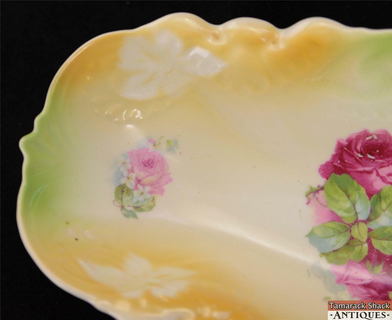 German Oblong 11" Porcelain Celery Dish Yellow Green Border Pink Roses Vintage - Image 4