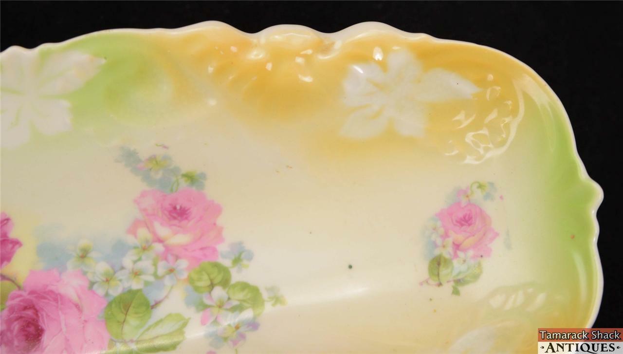 German Oblong 11" Porcelain Celery Dish Yellow Green Border Pink Roses Vintage - Image 5