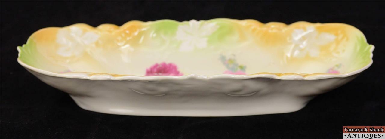 German Oblong 11" Porcelain Celery Dish Yellow Green Border Pink Roses Vintage - Image 6