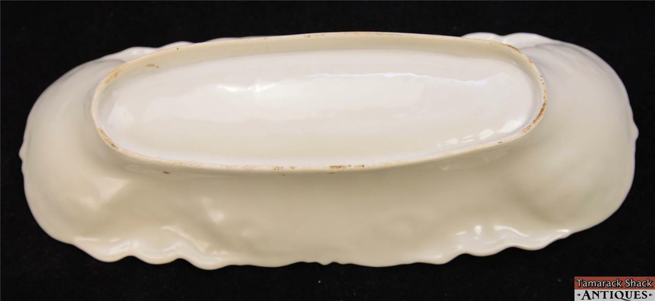 German Oblong 11" Porcelain Celery Dish Yellow Green Border Pink Roses Vintage - Image 7