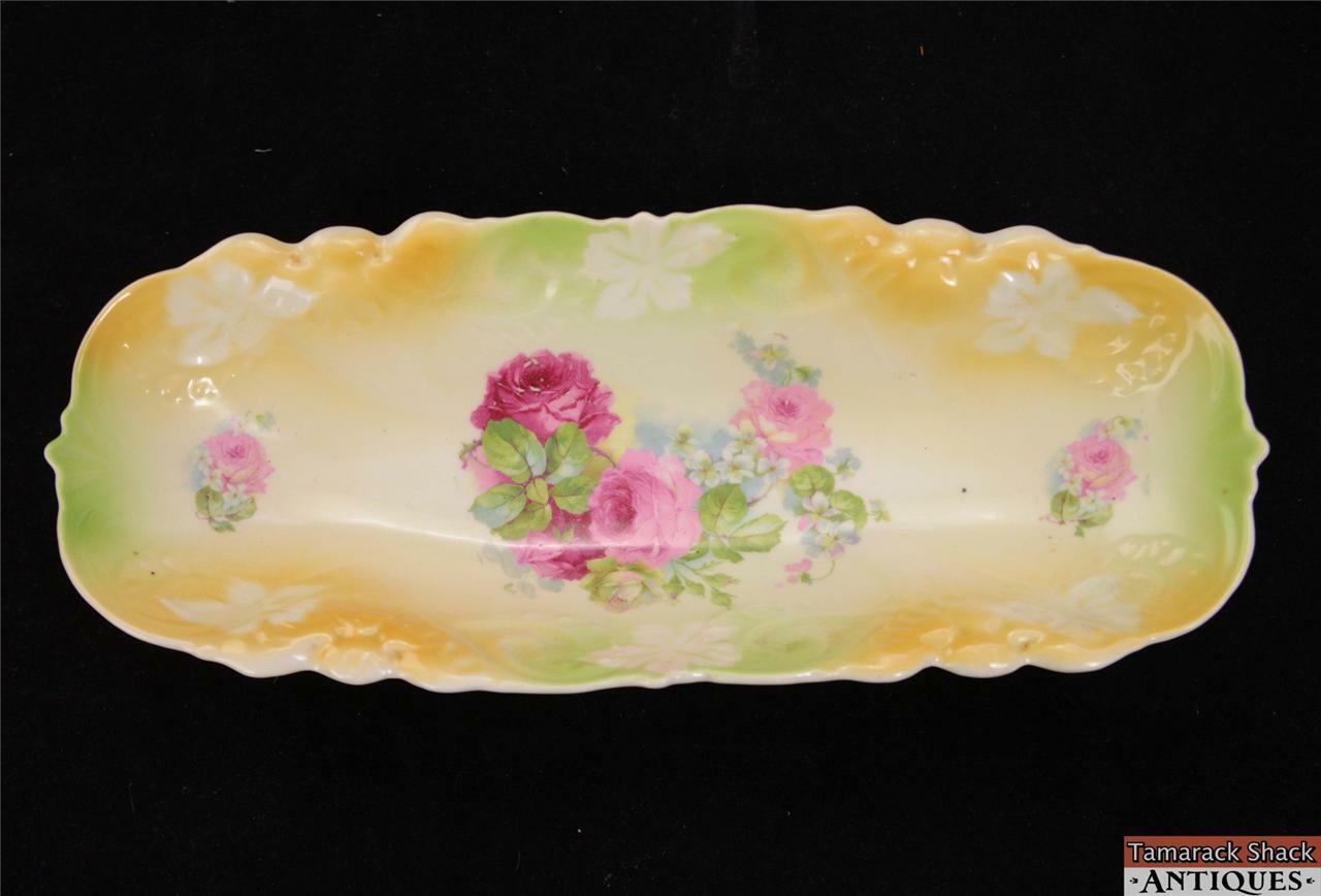 German Oblong 11 Porcelain Celery Dish Yellow Green Border Pink German Oblong 11 Porcelain Celery Dish