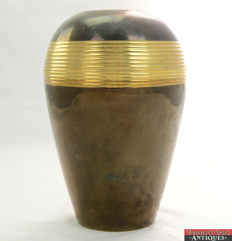 Large Brass 11 3/4" Metallic Brown Horizontal Shoulder Ribs Baluster Vase AMC NY