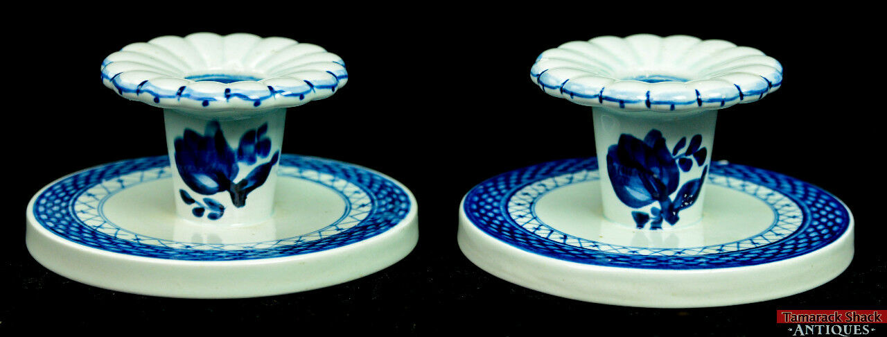 Pair Royal Copenhagen Short Candlestick Tranquebar Blue #11 Basketweave  Rose L1X