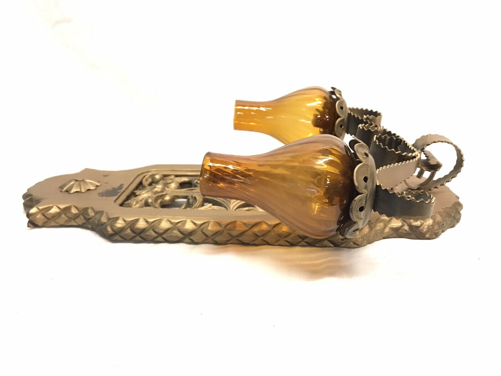 Spanish Double Arm Wall Candle Sconce | Vintage Wood & Metal, Amber Shade| 23684 - Image 5