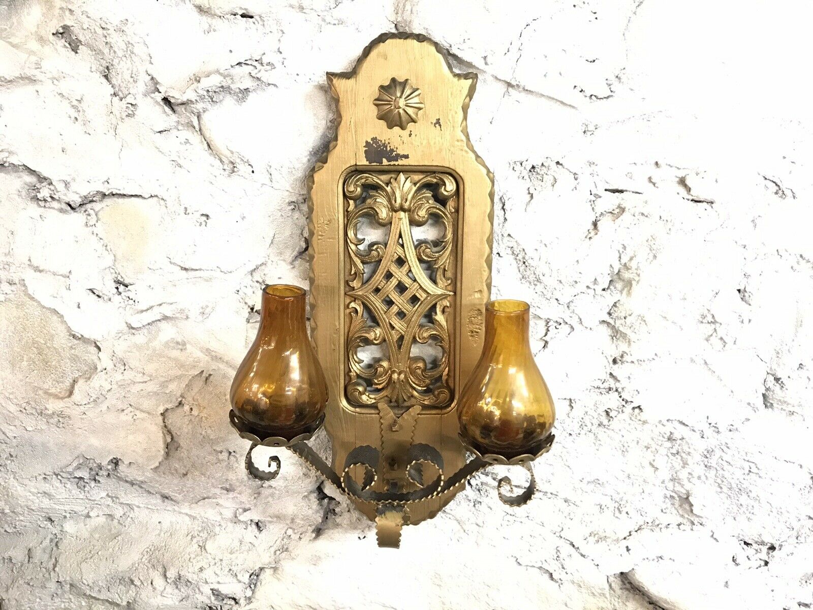 Spanish Double Arm Wall Candle Sconce | Vintage Wood & Metal, Amber Shade| 23684