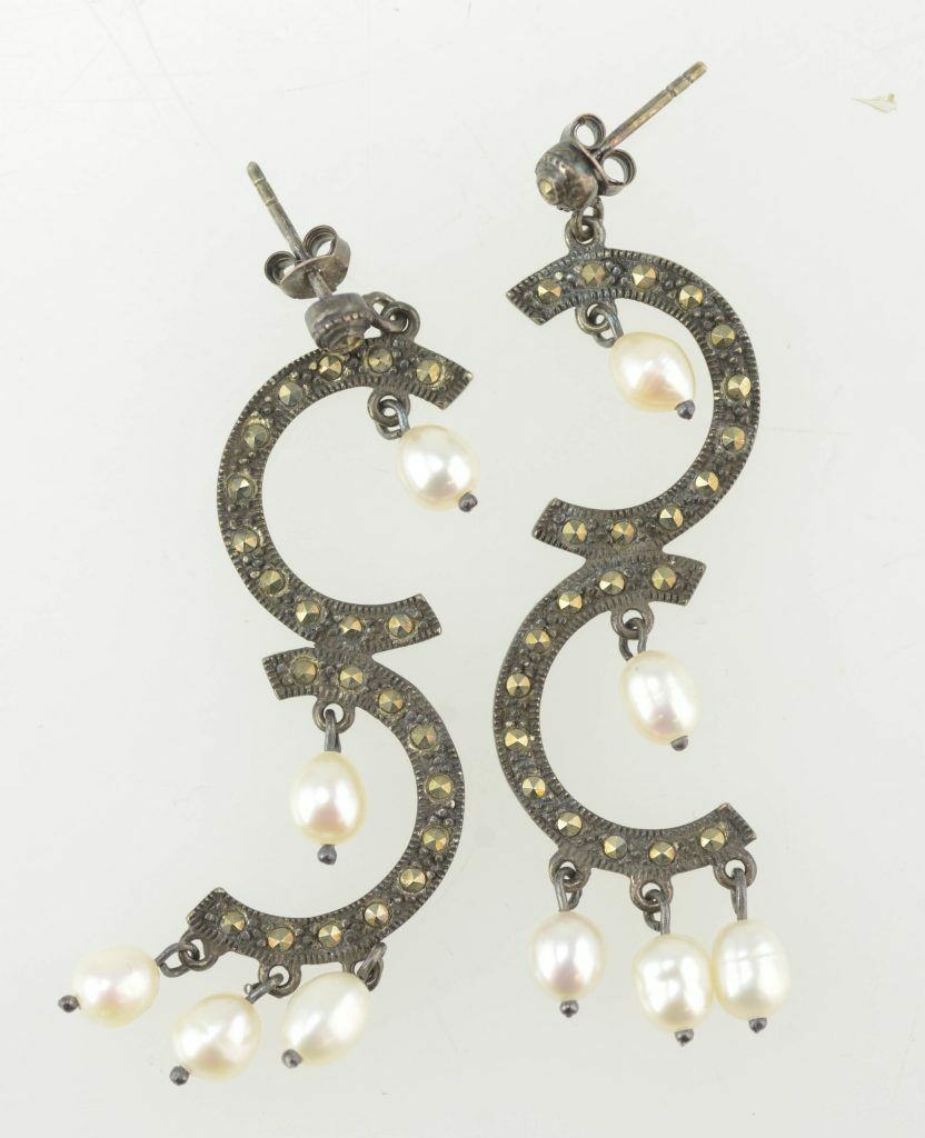 Sterling Silver 925 Vtg Earrings Marcasite Pearl C-Over-C Post Pierced L7Y