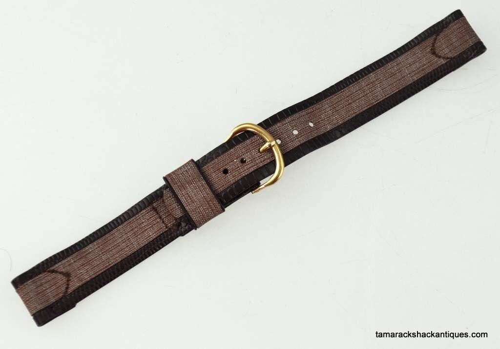 VTG 50s NOS Vinyl Cloth Chocolate Brown Cocoa Gold Tone Buckle 16mm Watch Band - Image 4