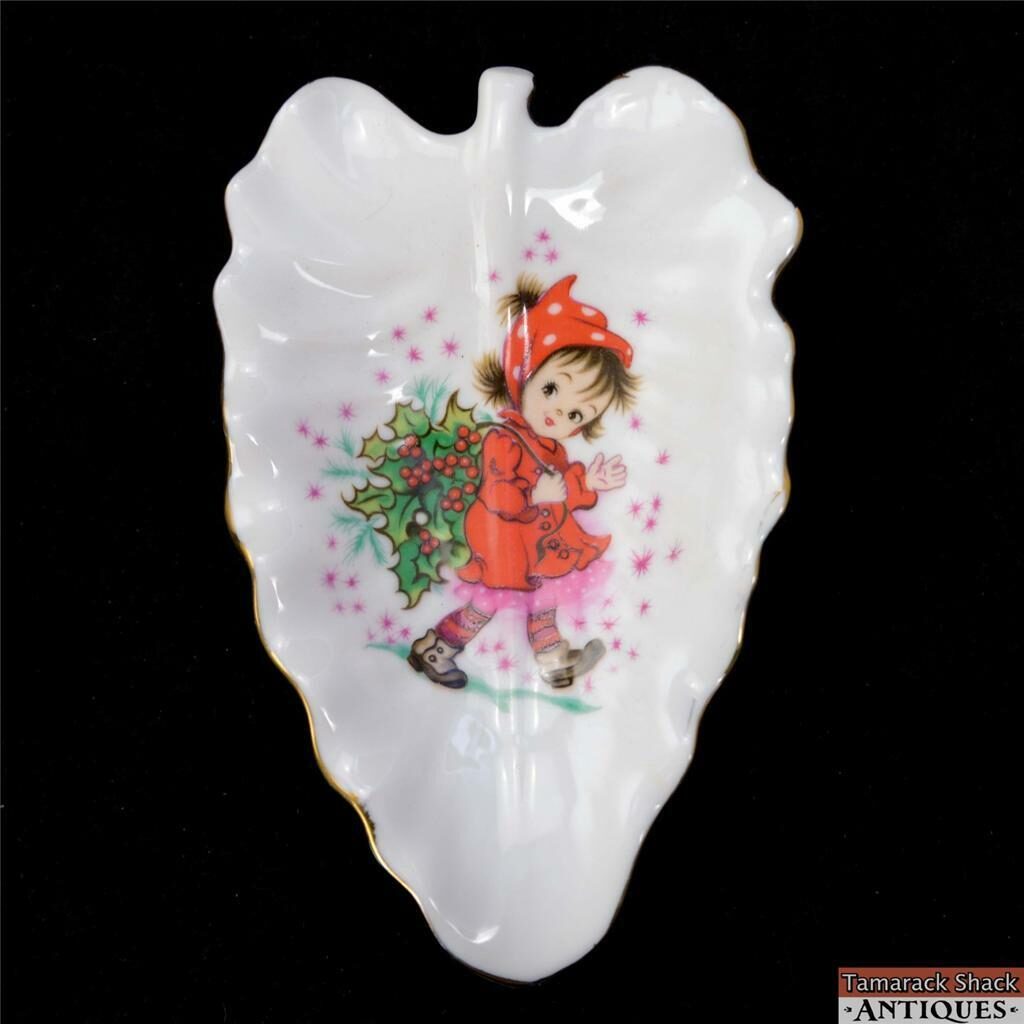 VTG Lefton Leaf Shaped Dish Girl Carrying Holly Christmas Theme Sticker ...