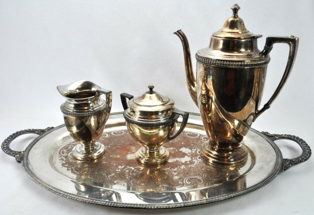 Vintage Crescent Silverplate Silver On Copper 4pc Coffee Set Creamer