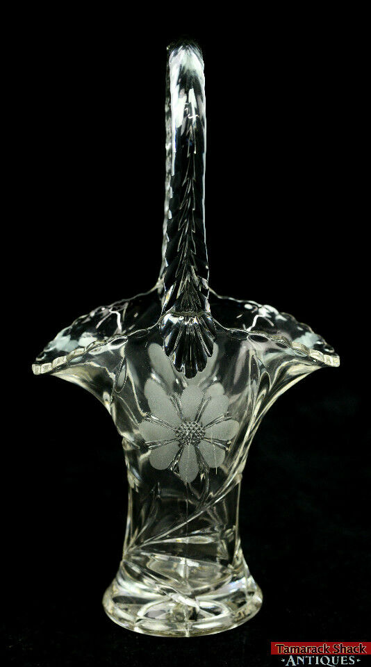 Vintage Glass Tall Handled Basket Two Fine Wheel Cut Flowers & Leaves 12" Tall - Image 3