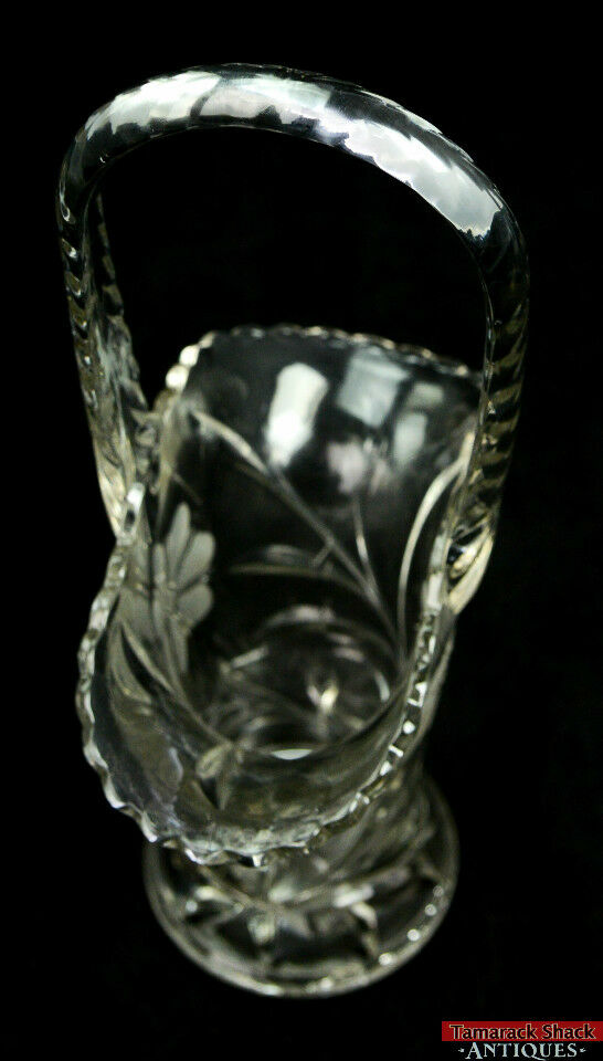 Vintage Glass Tall Handled Basket Two Fine Wheel Cut Flowers & Leaves 12" Tall - Image 5