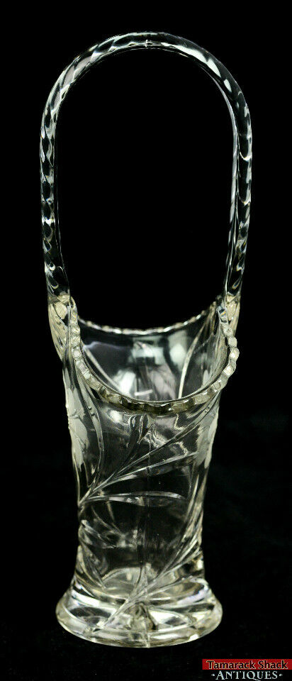 Vintage Glass Tall Handled Basket Two Fine Wheel Cut Flowers & Leaves 12" Tall - Image 6