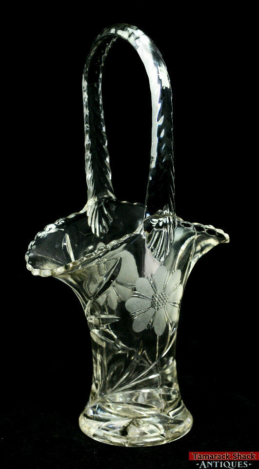 Vintage Glass Tall Handled Basket Two Fine Wheel Cut Flowers & Leaves 12" Tall