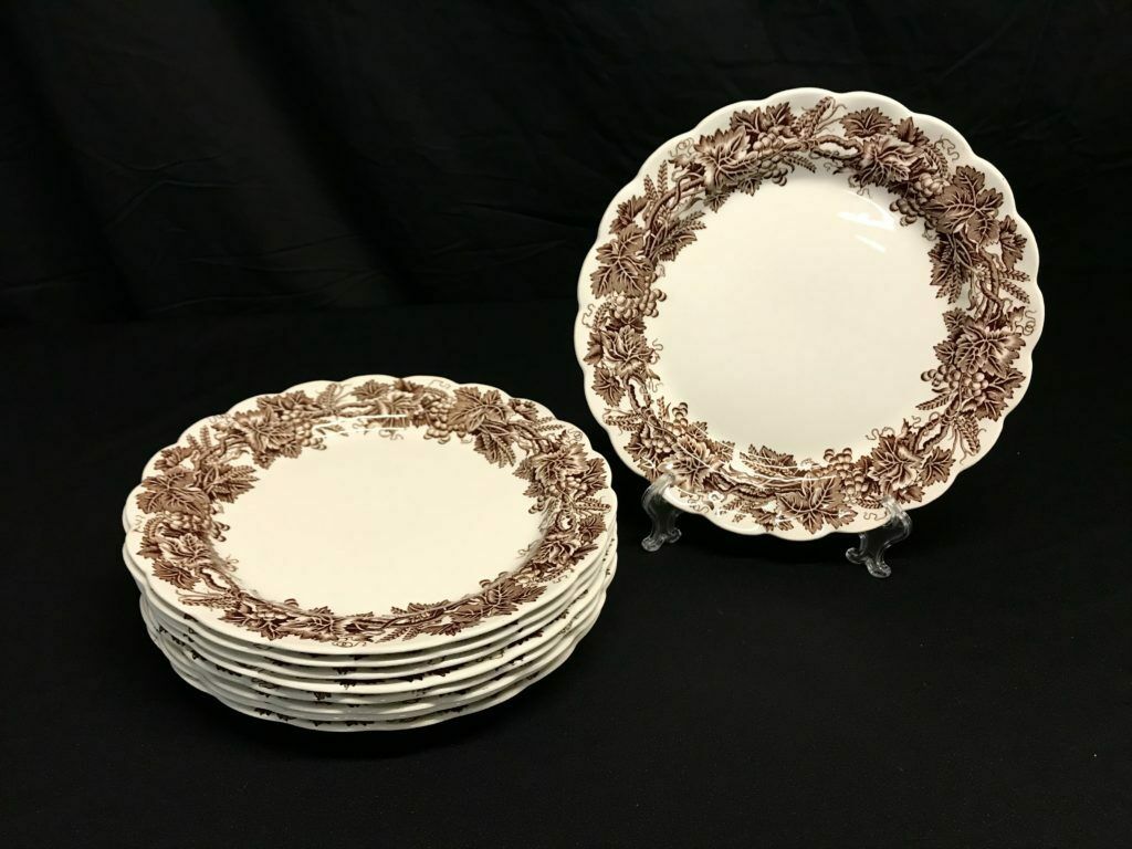 Vtg Booths Vine & Wheat Brown Pattern 10.5" Dinner Plates, Set of 9 | ref 23047